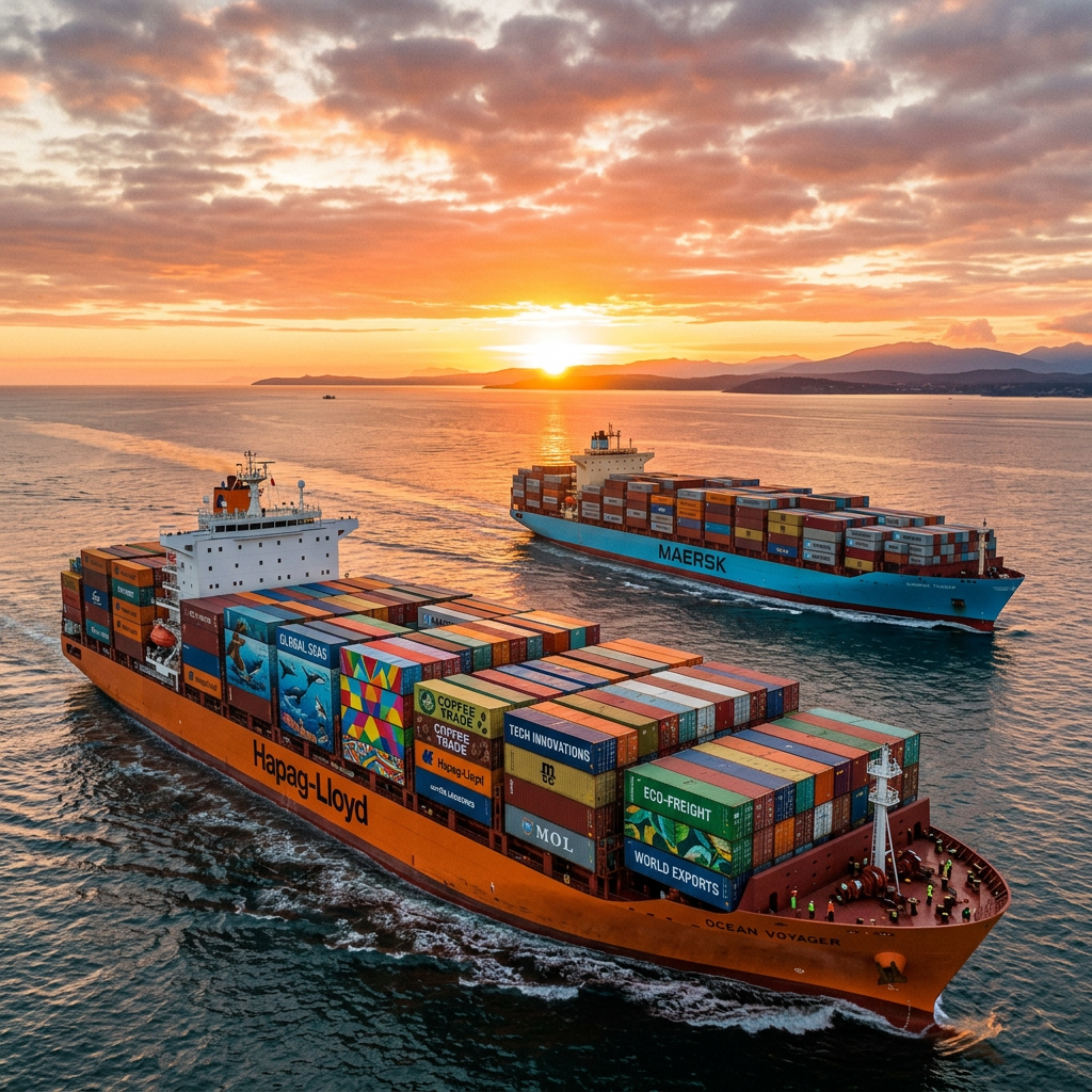 Two container ships sailing on the sea at sunset with stacked cargo containers