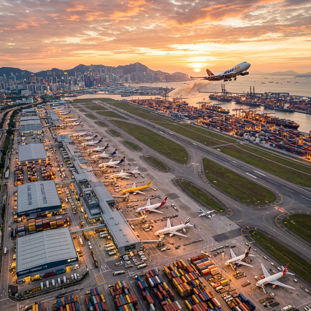 Atlas Air cargo plane taking off over busy airport runway with shipping port and city skyline at sunset