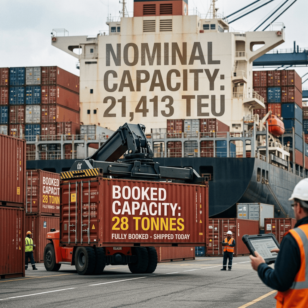 Cargo terminal with text reading “NOMINAL CAPACITY: 21,413 TEU” and “BOOKED CAPACITY: 28 TONNES”